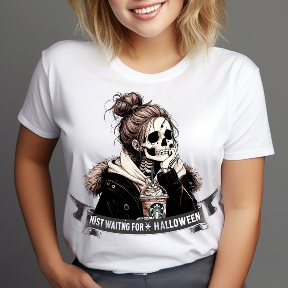 Just waiting for Halloween Png, Skeleton Shirt, Vintage Halloween T-Shirt